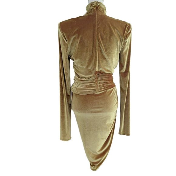 Alexandre Vauthier Gold Velvet Ruched Turtleneck Dress with Tulip Hem - Picture 6 of 12